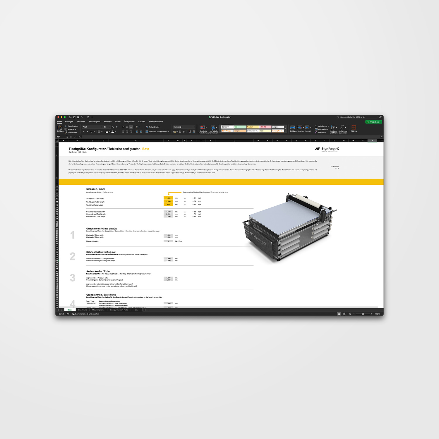 SignSystem 1320 - Table Size Configurator